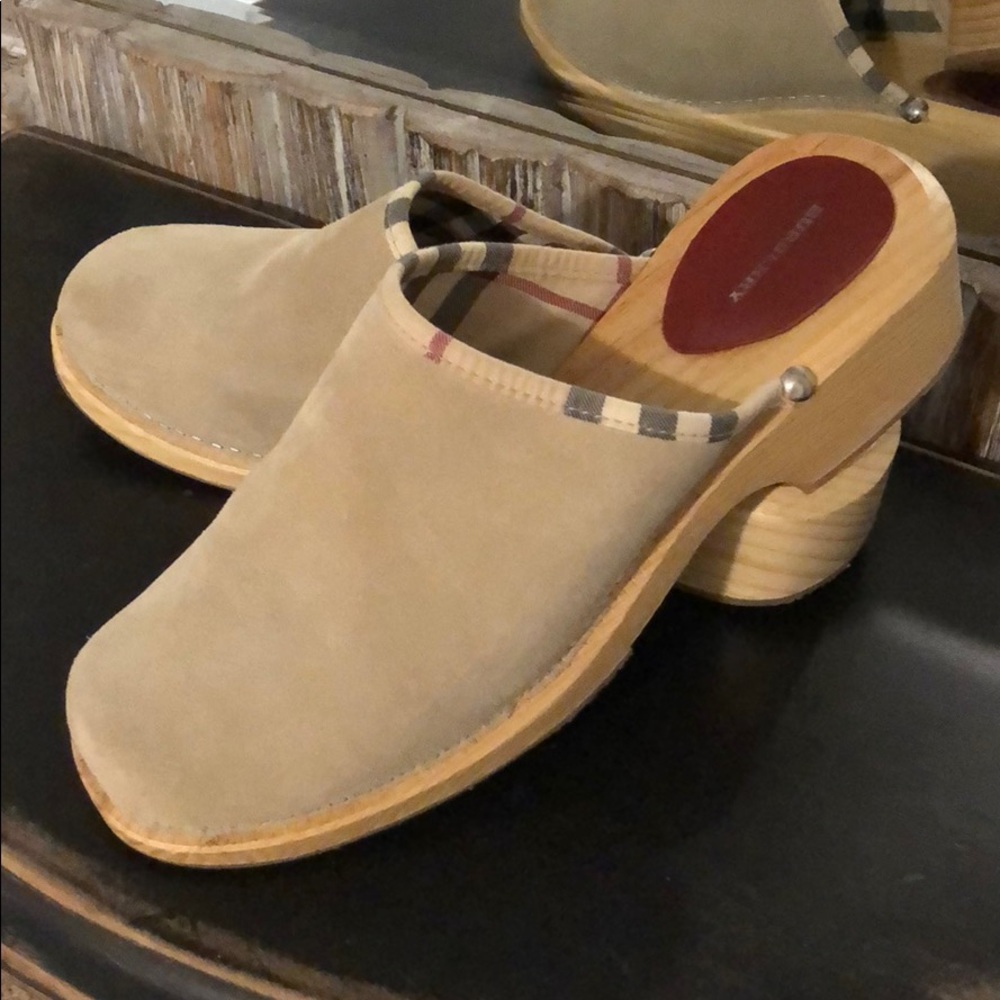 Burberry Suede Wooden Clog Mules